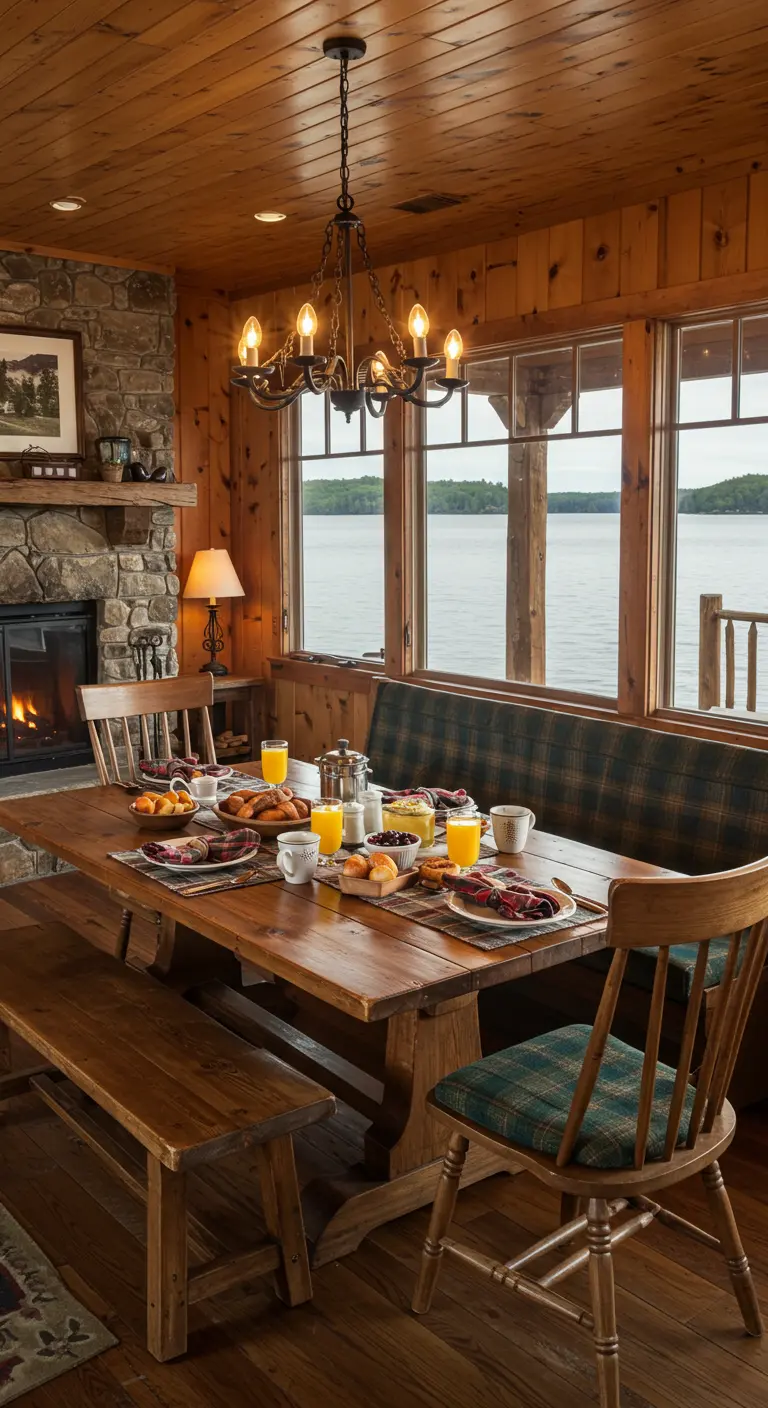 Serviette pliée en rouleau plaid sur table rustique près du lac