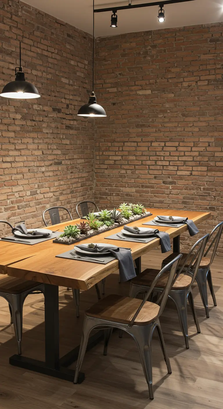 Salle à manger de style industriel avec une table en bois et métal, murs en briques et succulentes.