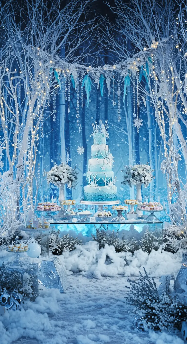 Buffet de fête sur le thème de l'hiver, avec des décorations blanches et bleues imitant la glace.