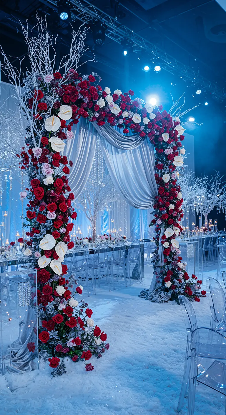 Arche de mariage rouge, blanche et givrée avec drapés bleus et fausse neige dans un décor hivernal.