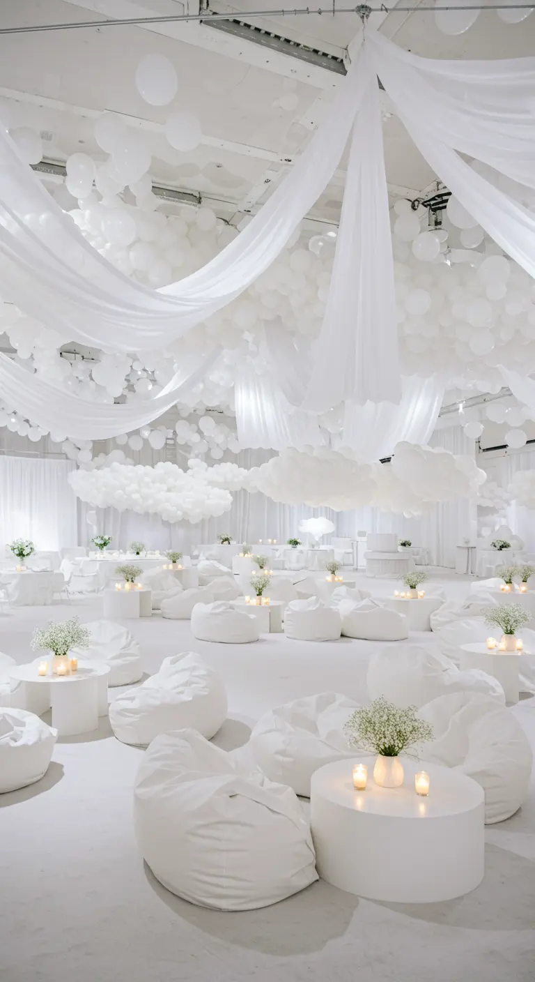 Grande salle blanche décorée de centaines de ballons et voilages suspendus, avec salons lounge blancs.