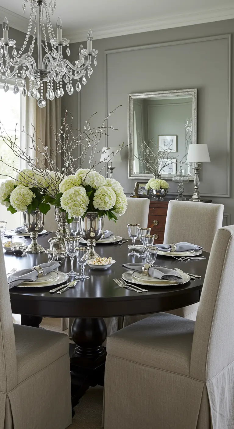 Salle à manger élégante aux murs gris, avec une table ronde noire et des hortensias blancs.