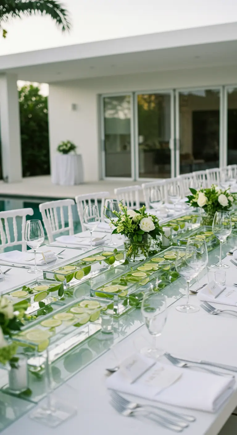 Chemin de table en miroir rempli d'eau et de rondelles de citron vert flottantes.
