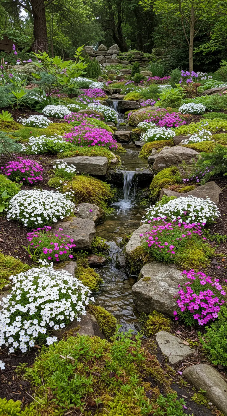 Petit ruisseau de jardin bordé de phlox rampant rose, blanc et violet.