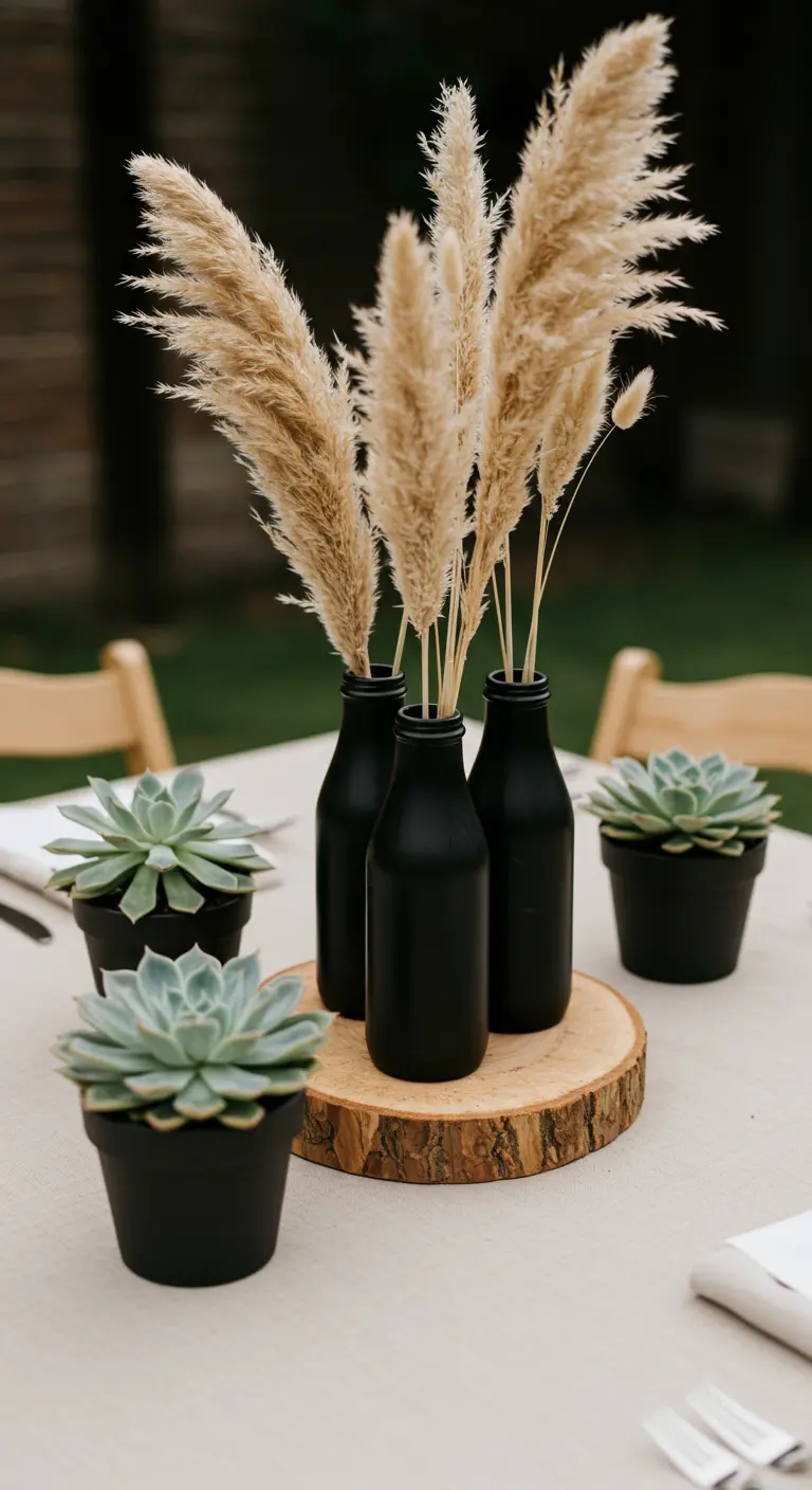 Vases noirs mats avec herbe de la pampa et pots de succulentes noirs.