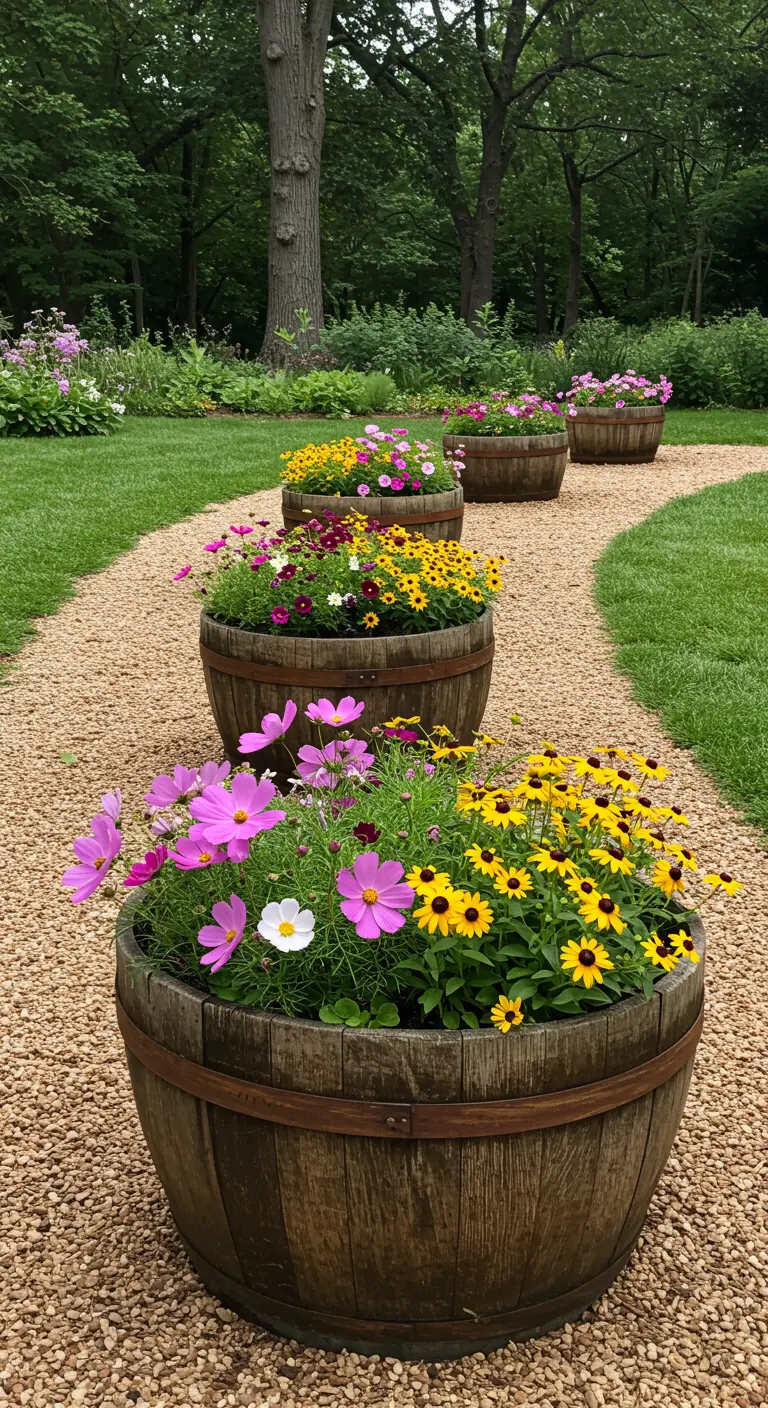 Tonneaux en bois alignés le long d'un sentier, remplis de cosmos et de rudbeckias.