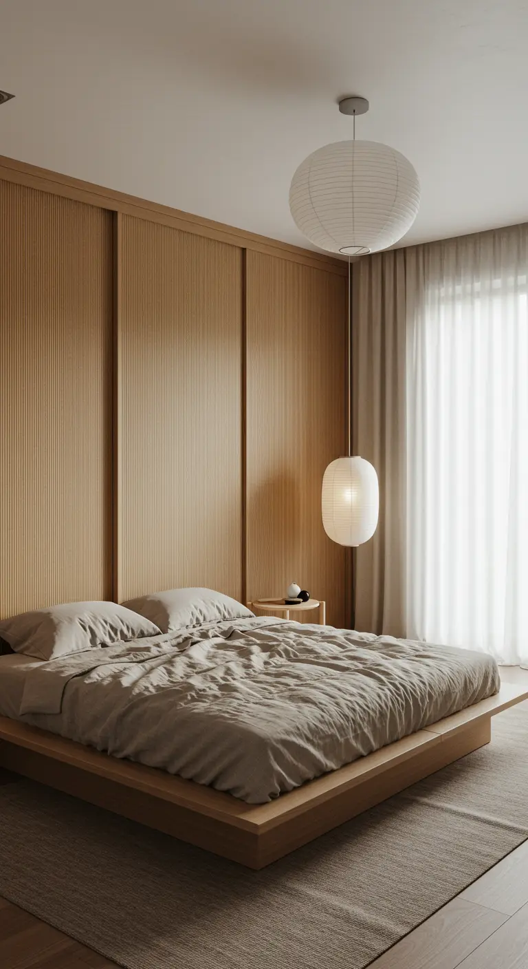 Tête de lit en tasseaux de bois clair dans une chambre au style Japandi épuré.