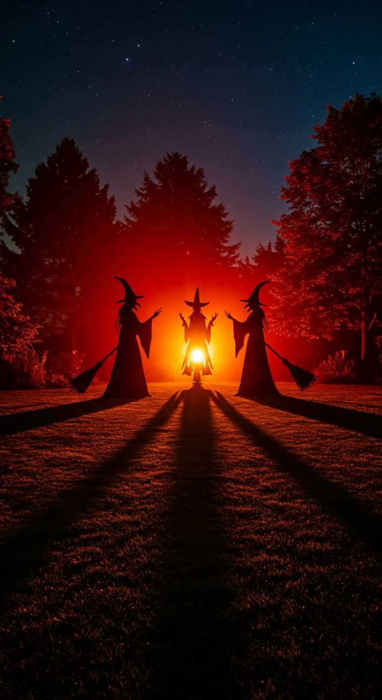 Trois silhouettes de sorcières autour d'une lumière rougeoyante au crépuscule.