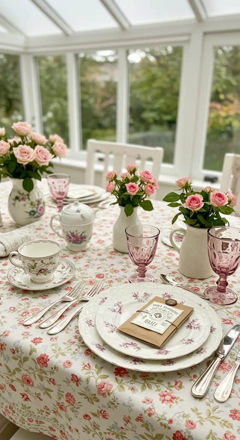 Table romantique avec des roses et des sachets de graines comme cadeaux d'invités.