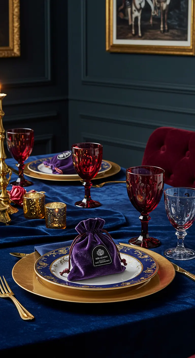 Table de fête bleu nuit et or avec une bourse en velours violet sur chaque assiette.
