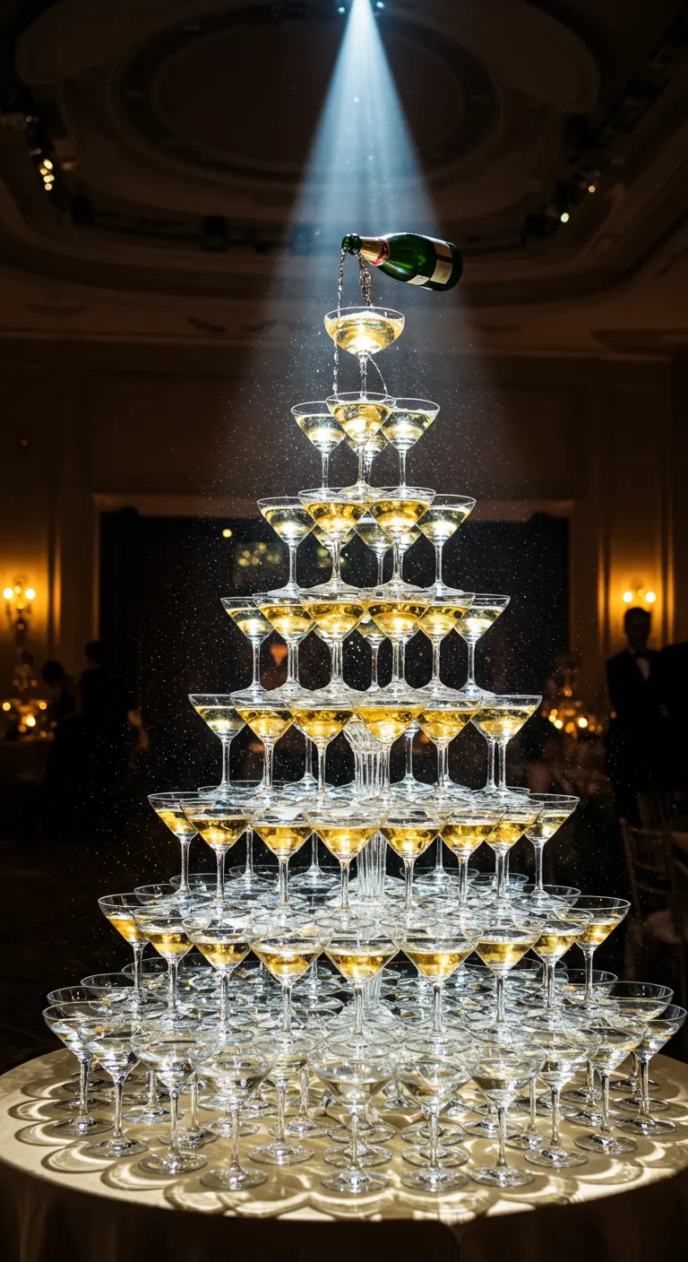 Pyramide de coupes de champagne éclairée par un projecteur zénithal au moment du service.