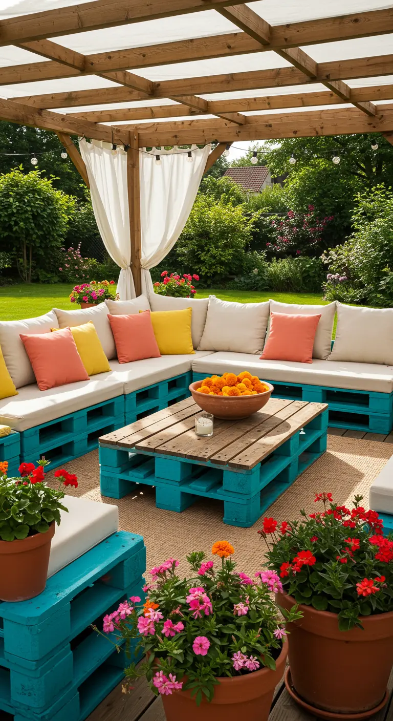 Salon extérieur en palettes bleues et coussins colorés sous pergola.