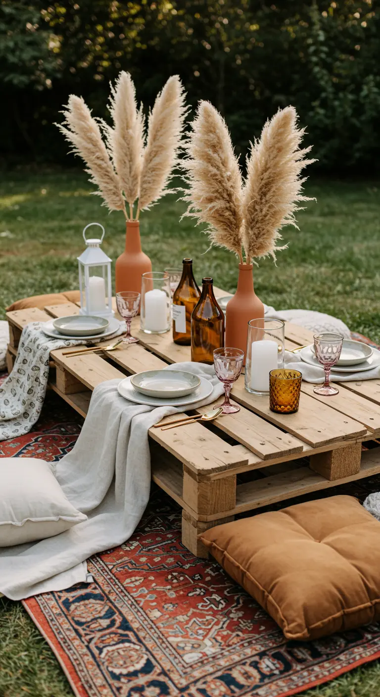 Table basse en palettes sur l'herbe avec coussins, tapis, herbes de pampa et bougies.