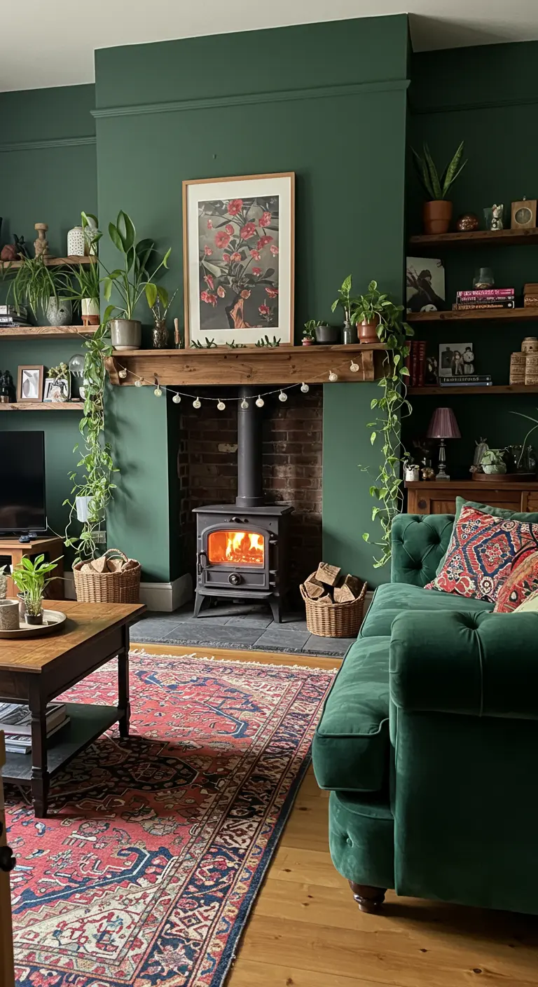 Salon éclectique avec murs vert foncé, poêle à bois et canapé en velours vert.