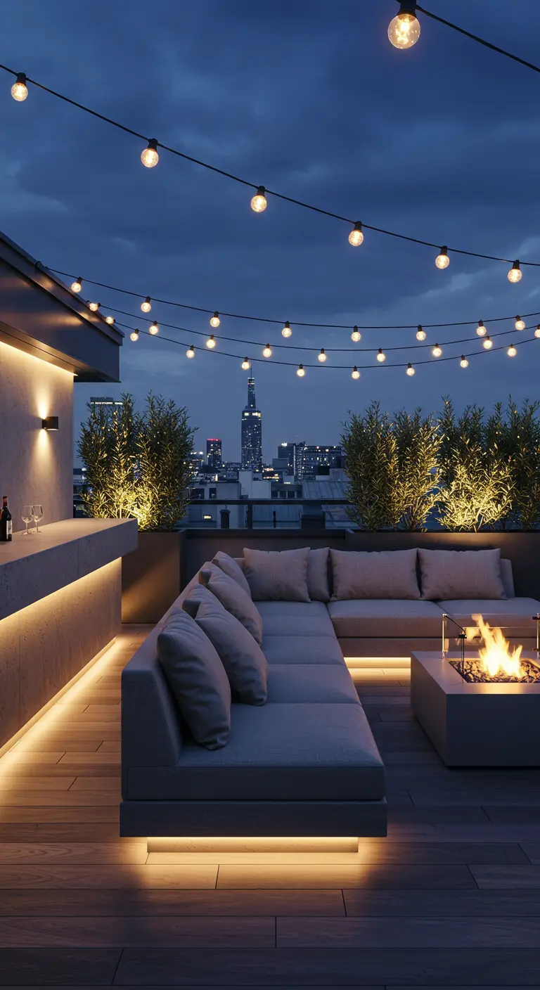 Rooftop lounge de nuit avec canapé d'angle, foyer et éclairage LED intégré.