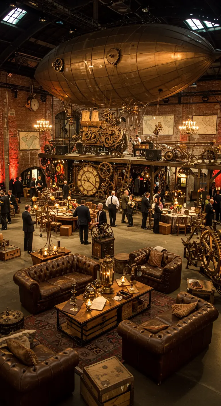 Salle de réception Steampunk avec dirigeable géant, canapés en cuir et engrenages apparents.