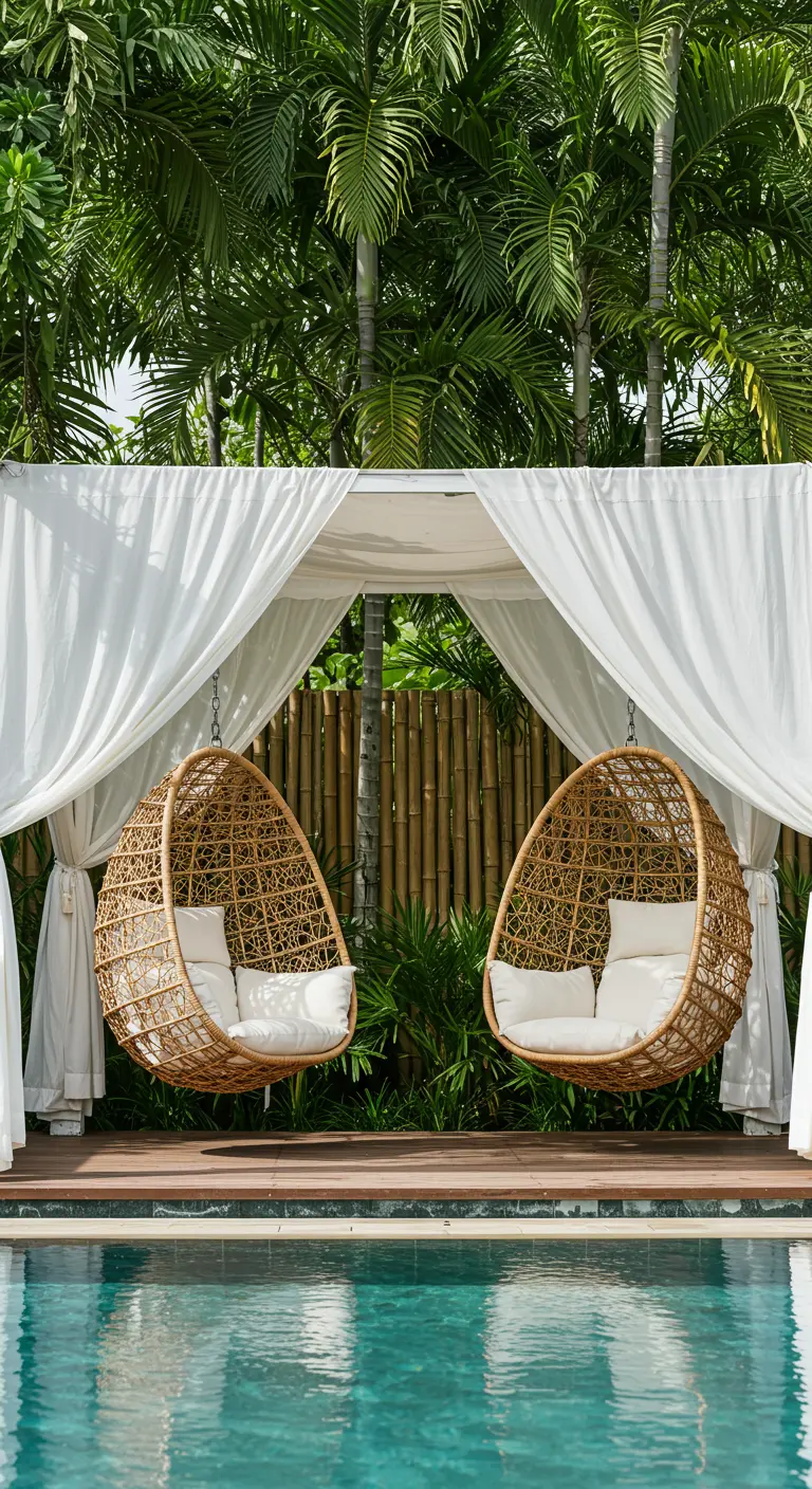 Deux chaises suspendues en rotin sous un cabana blanc près d'une piscine avec des palmiers.