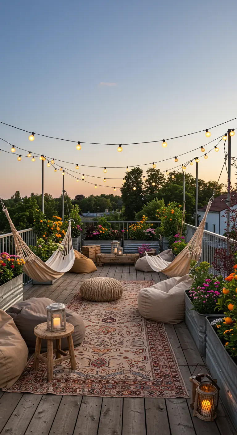 Grande terrasse avec plusieurs hamacs, poufs, tapis extérieur, et guirlandes lumineuses au coucher du soleil.