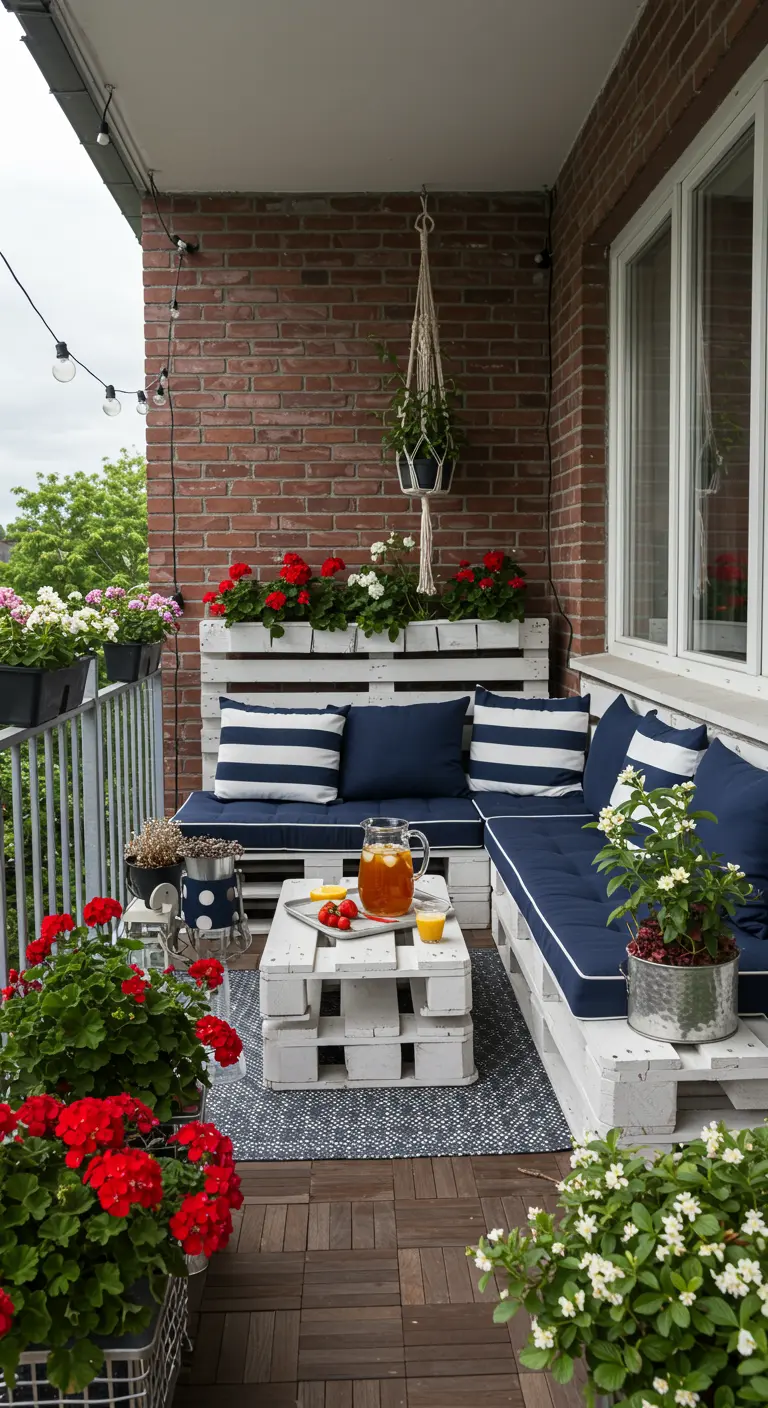 Canapé d'angle en palette blanche avec coussins marine et géraniums rouges sur un balcon.