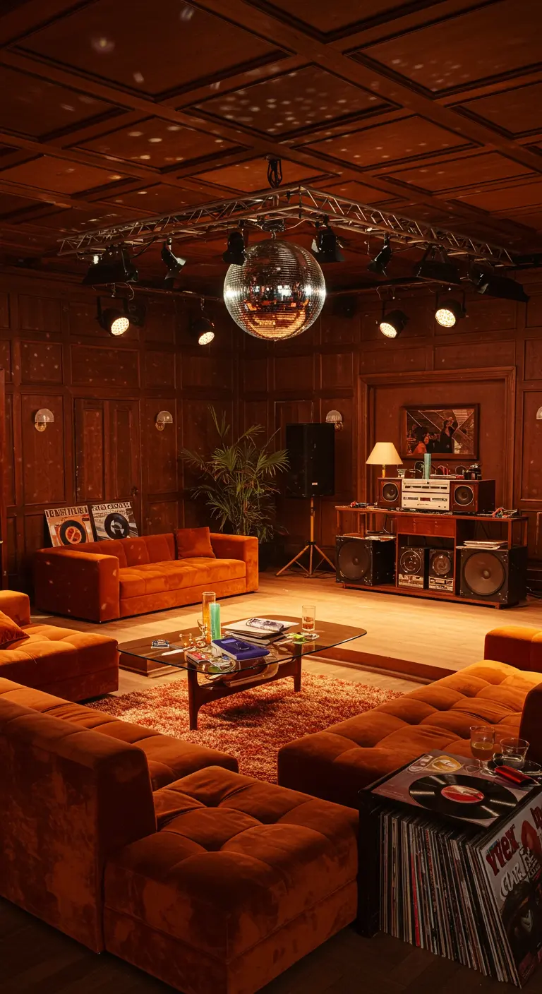 Un salon de style années 70 avec des canapés en velours et une platine vinyle.