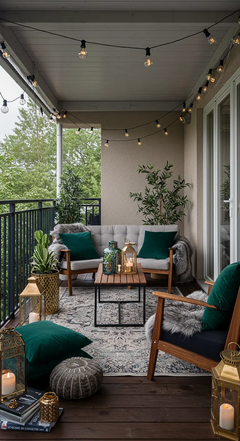 Salon d'extérieur avec canapé et fauteuils, coussins vert émeraude, plaids et lanternes dorées.