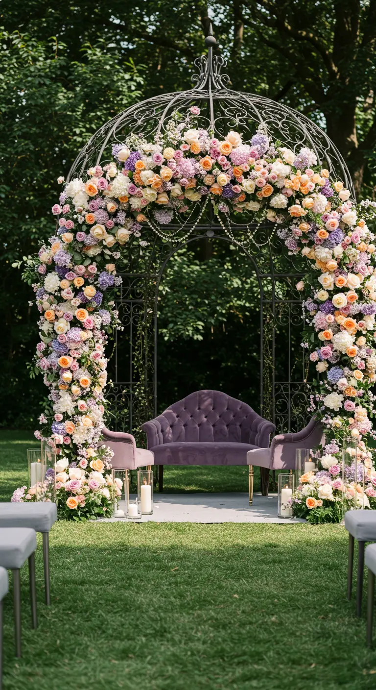 Gazebo fleuri de roses pastel, avec un canapé et des fauteuils en velours violet.