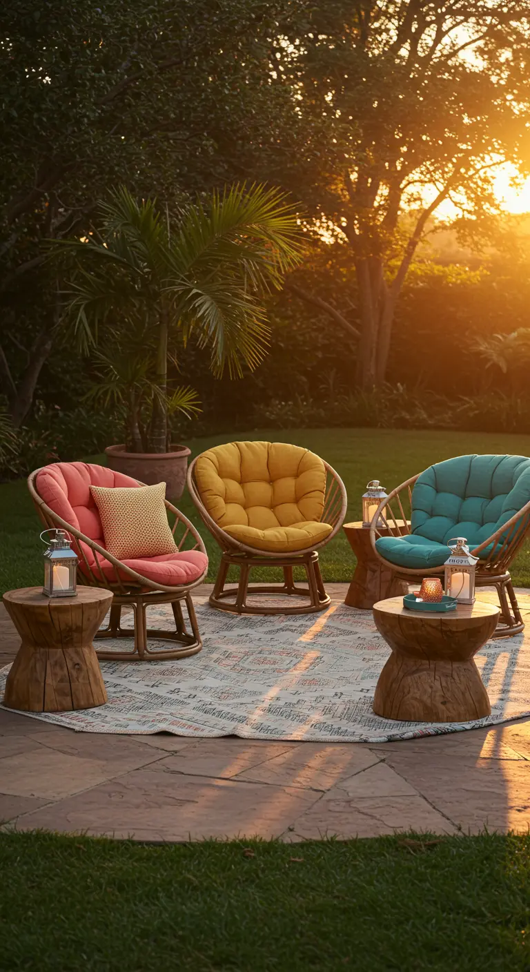 Trois fauteuils papasan colorés sur un tapis extérieur au coucher du soleil dans un jardin.