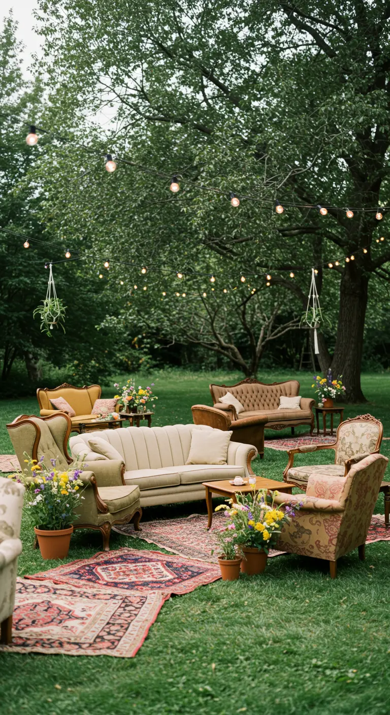 Salon de jardin bohème avec canapés vintage, tapis orientaux, guirlandes lumineuses et plantes suspendues.