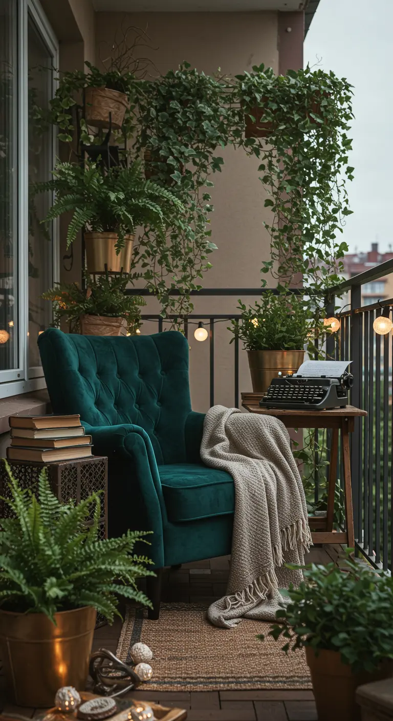 Balcon avec fauteuil vert velours, plaid, table d'appoint, plantes et guirlandes lumineuses.