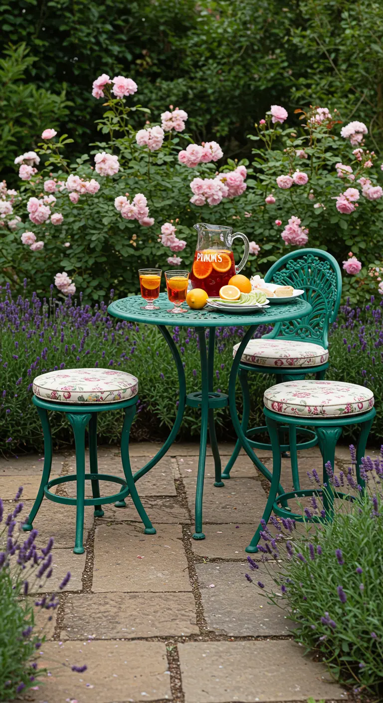 Ensemble de jardin en métal vert orné, au milieu des lavandes et des rosiers.