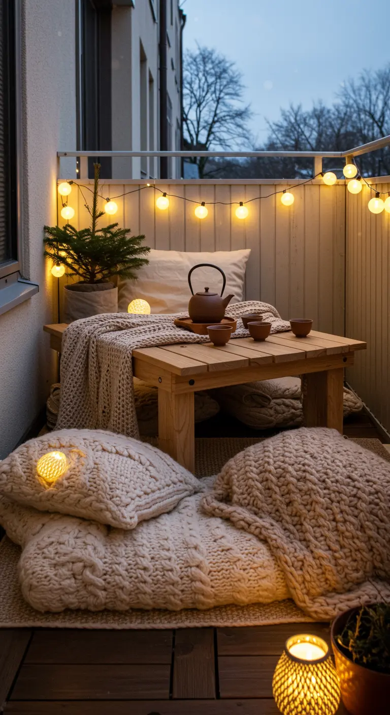 Petit balcon avec table basse en bois, coussins de sol tricotés, théière et guirlande lumineuse.