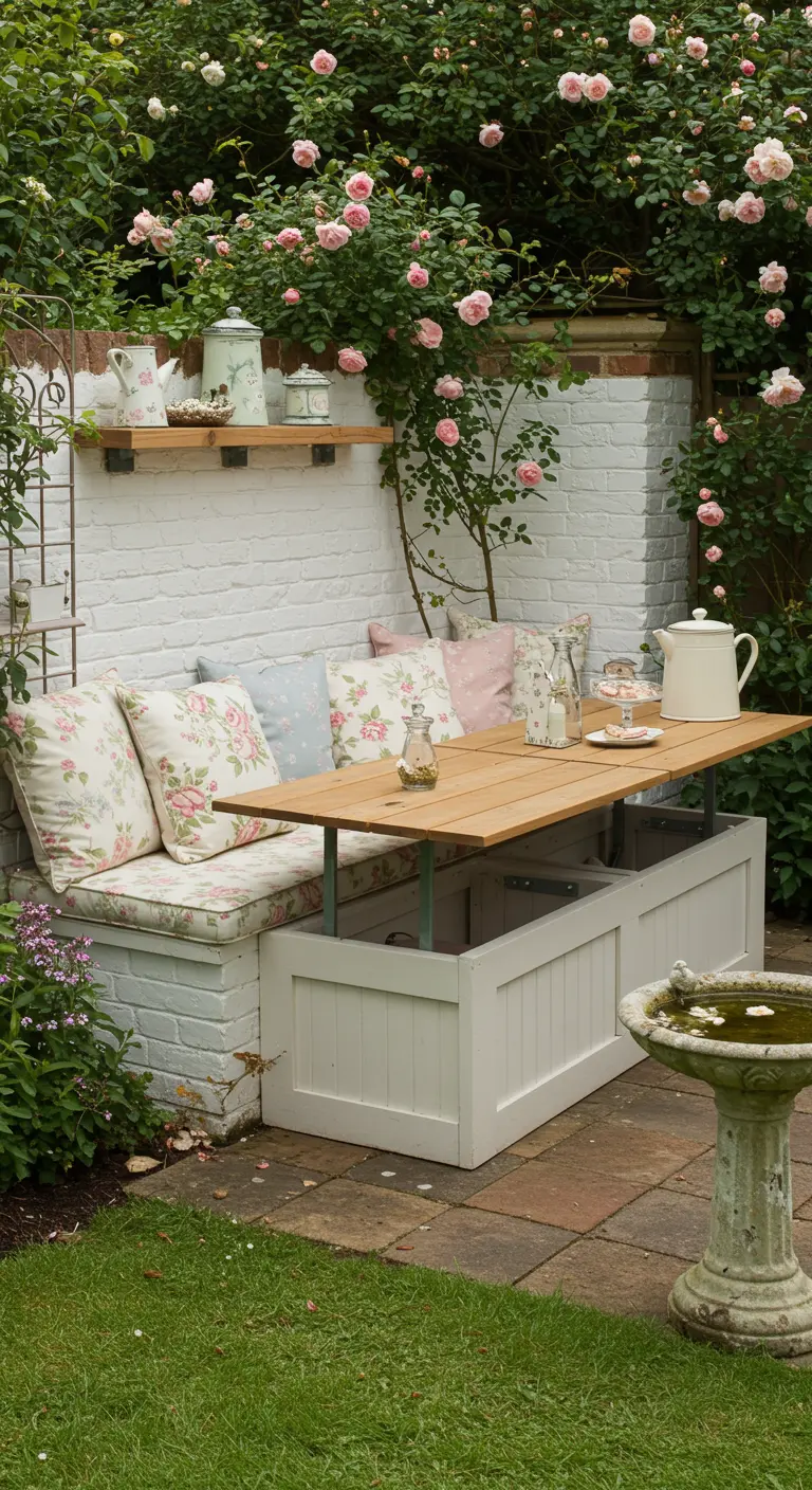 Banquette blanche avec coussins floraux et table escamotable, dans un jardin de roses.