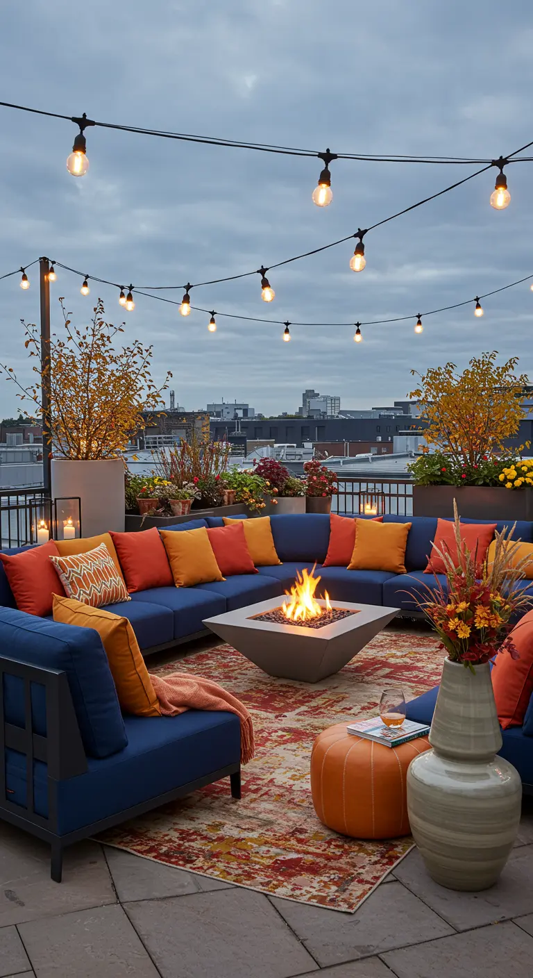 Toit-terrasse avec salon bleu nuit, coussins oranges, brasero, tapis et poufs au crépuscule.