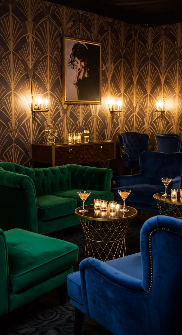 Un salon cosy avec des fauteuils en velours vert et bleu et un papier peint Art Déco.