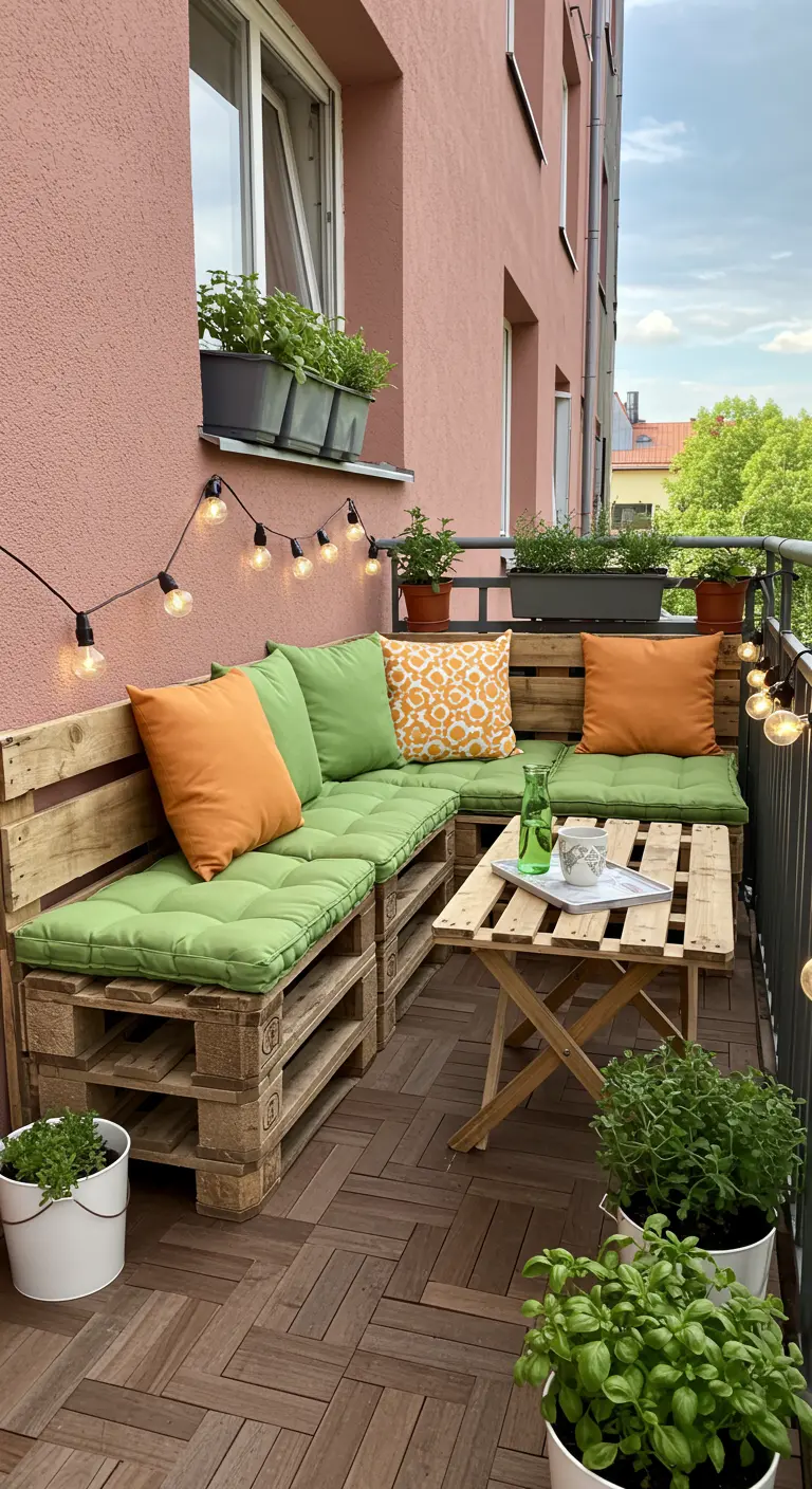 Balcon avec canapé d'angle en palettes, coussins verts, table basse et pots d'herbes aromatiques.