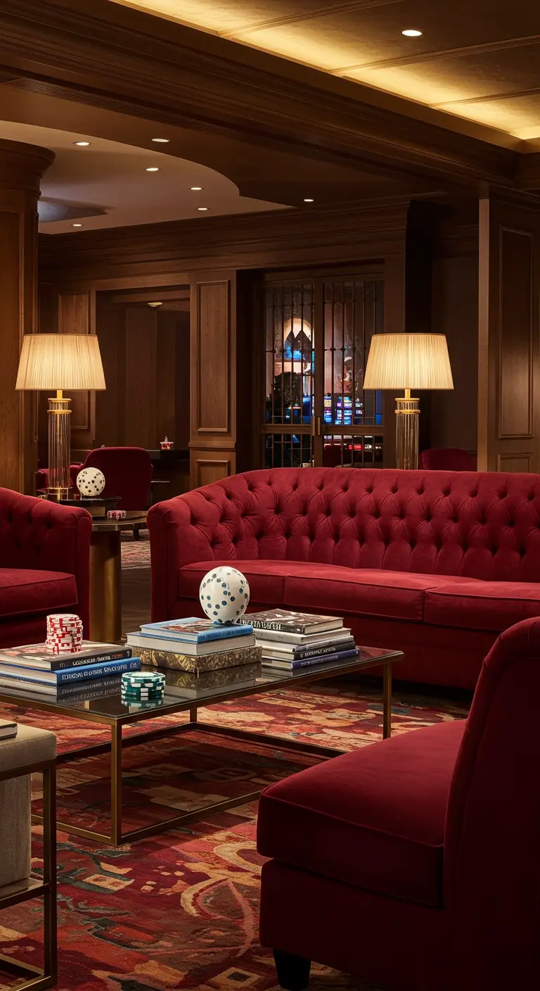 Salon chic avec canapé en velours rouge et jetons de poker sur la table basse.