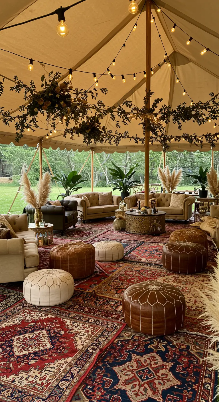 Salon de réception bohème sous tente avec canapés, poufs en cuir, tapis orientaux, guirlandes lumineuses.