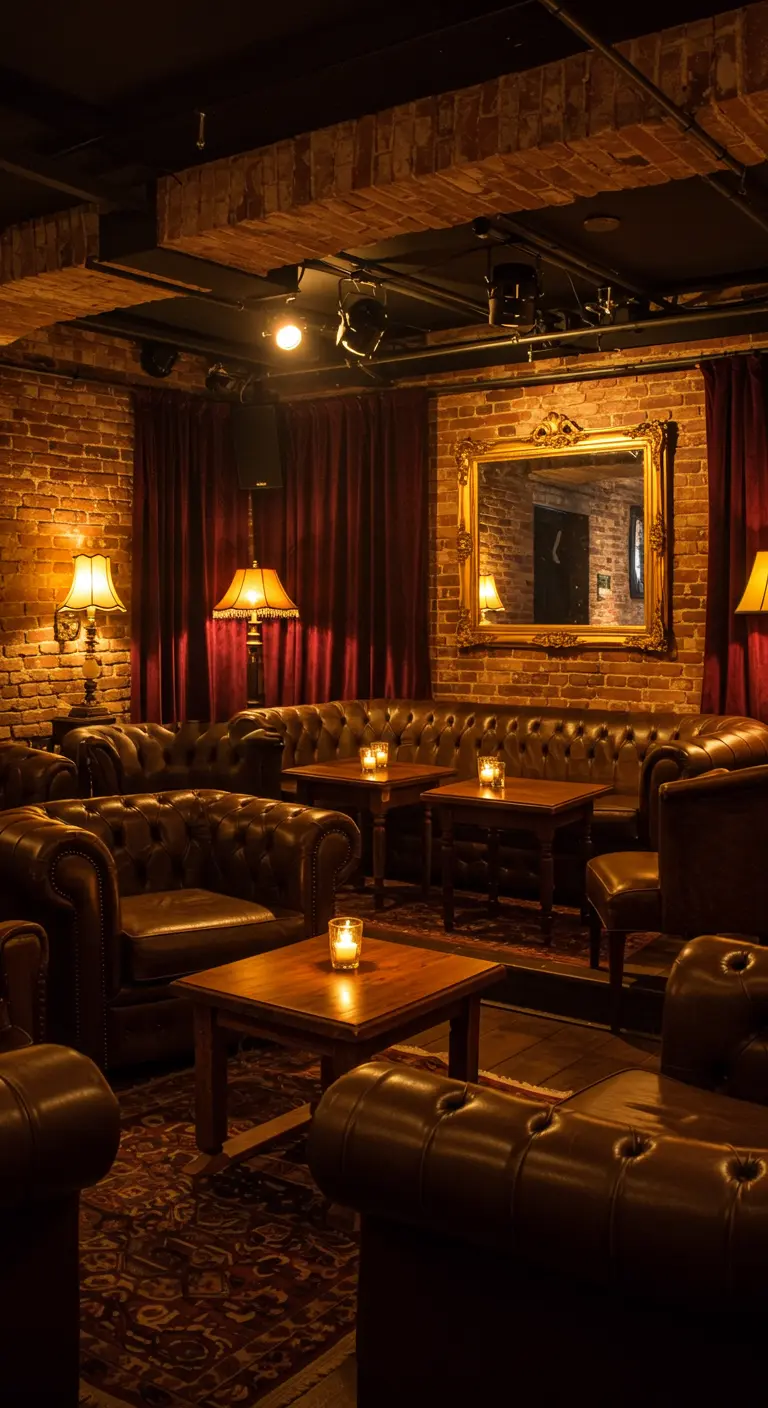 Salon cosy avec murs en briques, canapés en cuir marron et lampes anciennes.
