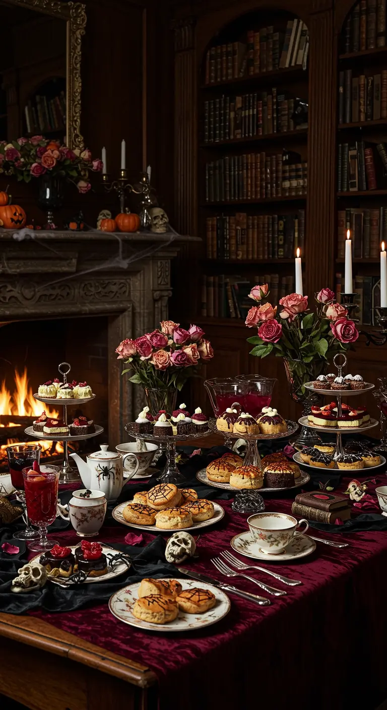 Buffet d'Halloween dans une bibliothèque, cheminée, roses sombres, crânes et nappe velours.