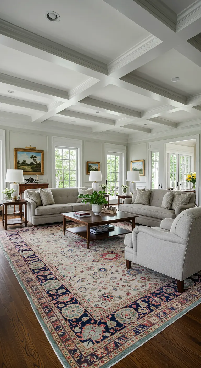 Très grand salon avec un immense tapis persan clair unifiant deux canapés face à face.