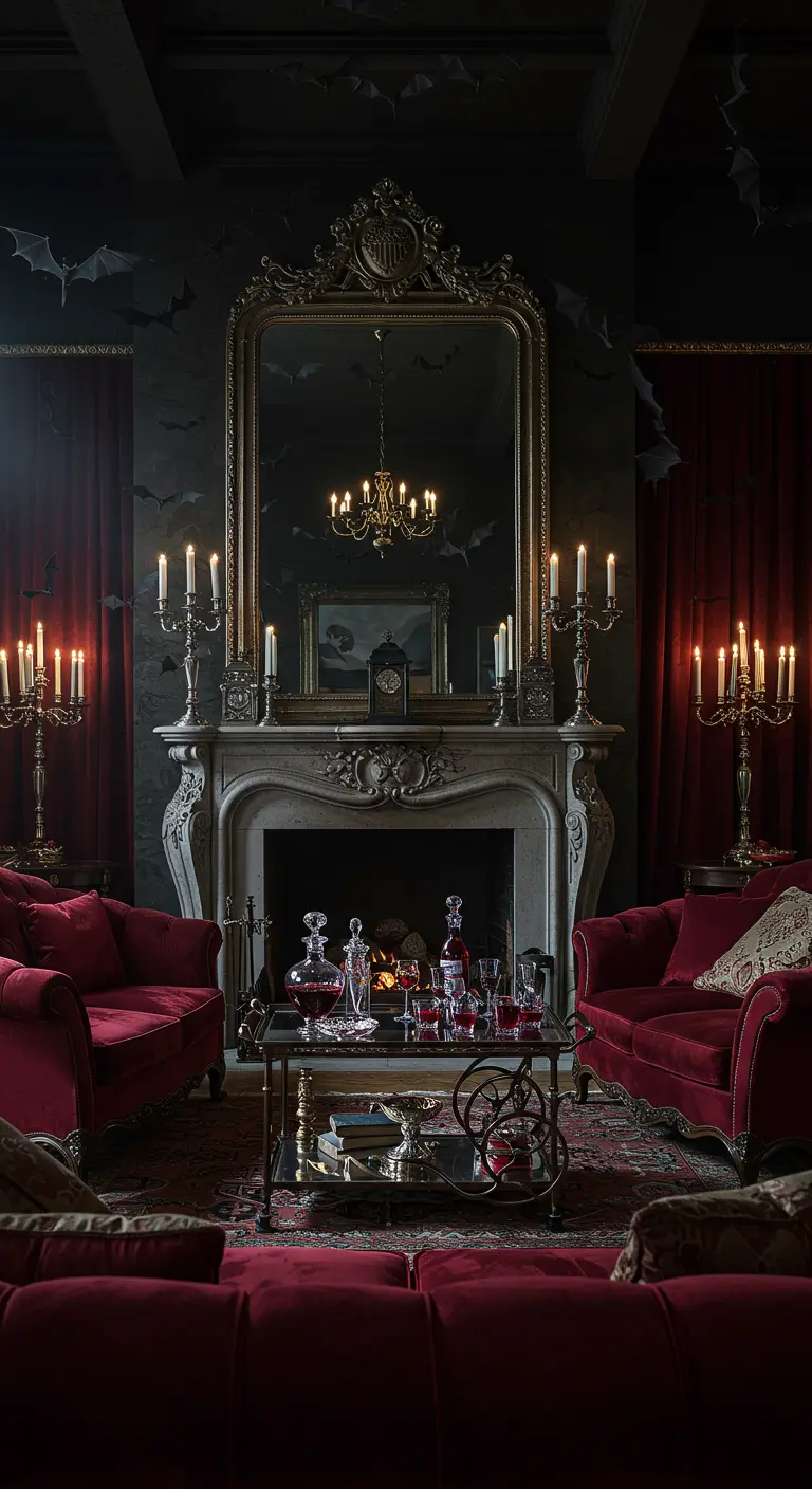 Salon de style vampire avec canapés en velours rouge et chandeliers.