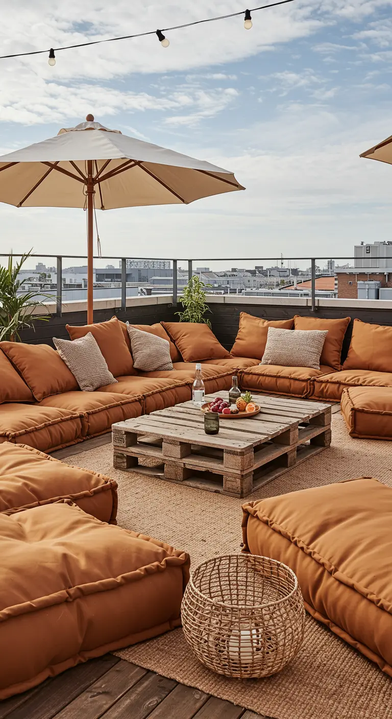 Salon de jardin bas fait de palettes avec de grands coussins couleur terre cuite.