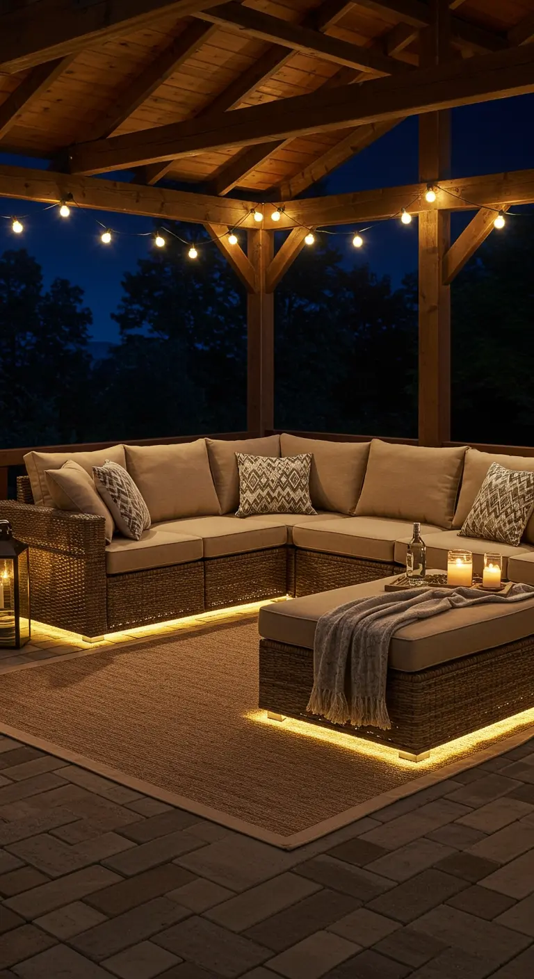 Canapé d'angle beige avec LED chaudes sur un deck couvert, tapis d'extérieur et lanternes.