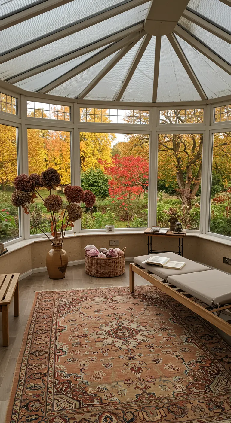 Véranda avec un grand tapis oriental, une chaise longue et vue sur un jardin d'automne.