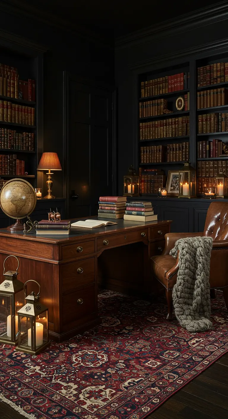Bureau noir avec bibliothèques, fauteuil en cuir, tapis persan et lanternes lumineuses.