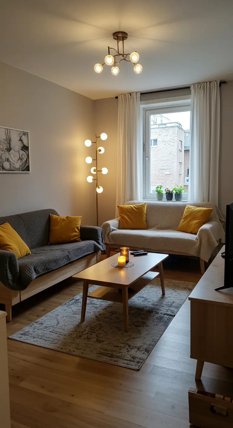 Salon scandinave avec canapés clairs, coussins jaunes et luminaire moderne