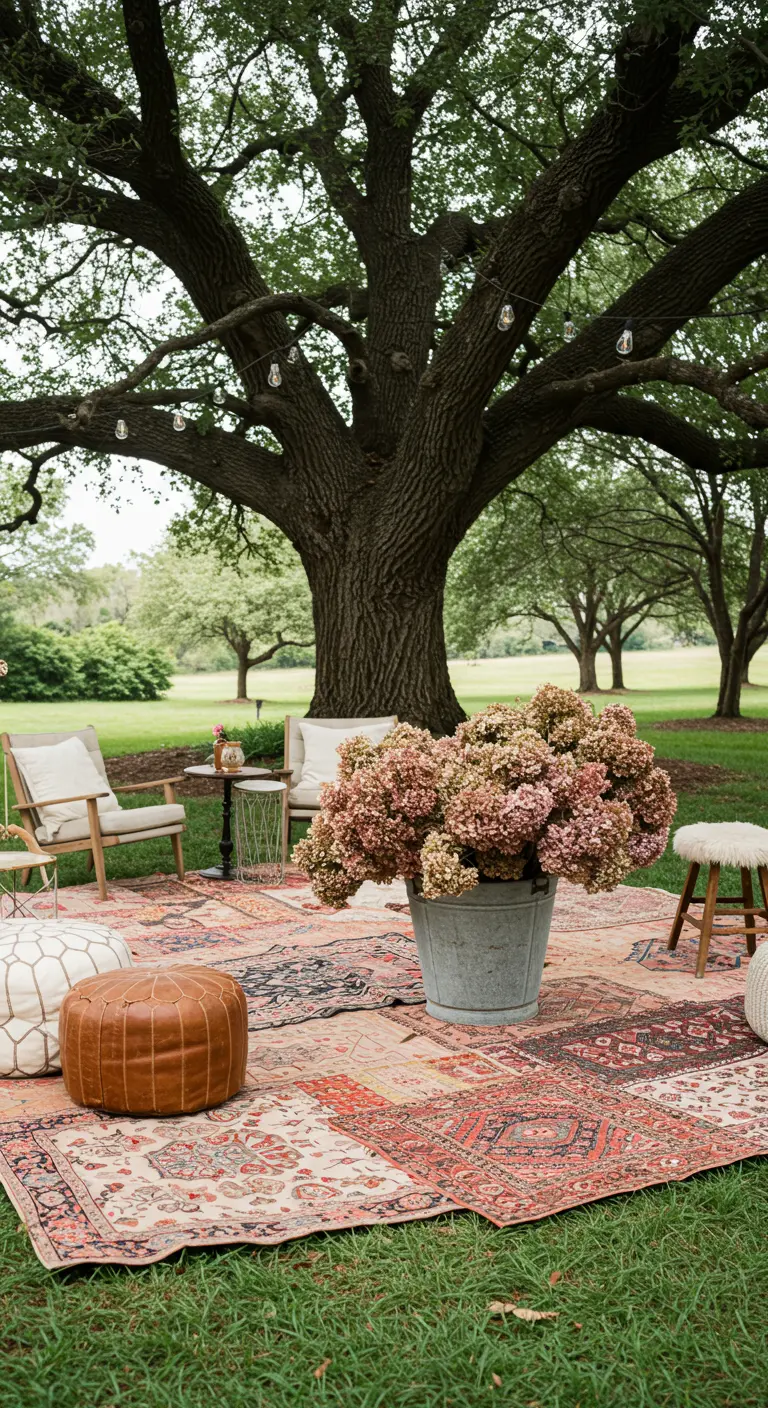 Salon extérieur sur l'herbe avec des tapis superposés et un grand seau d'hortensias.