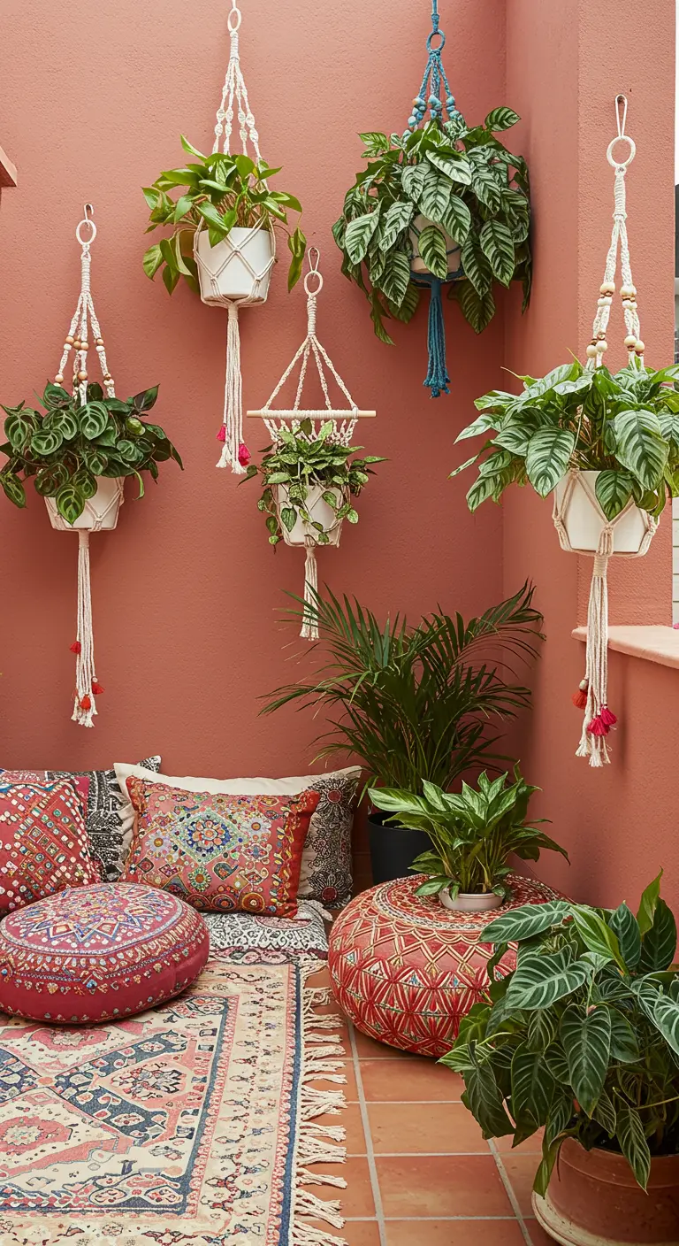 Coin détente au sol de style bohème avec coussins, tapis et plantes en macramé.