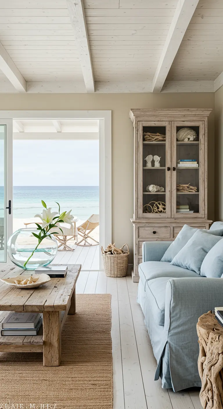 Salon de style maison de plage avec vue sur la mer et canapé bleu clair
