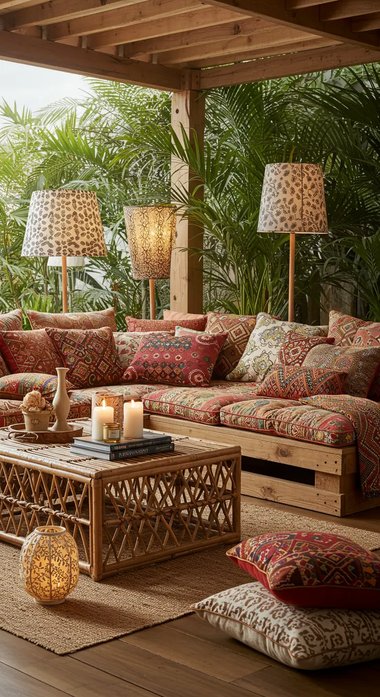 Canapé d'extérieur fait de palettes, couvert de coussins ethniques colorés et de bougies.